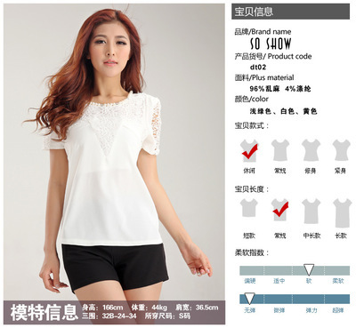 【免費女裝代理 實體批發(fā) 廠家貨源一件代發(fā)韓版雪紡短袖t恤蕾絲短T】價格,廠家,圖片,服裝代理加盟,廣州守秀服飾-